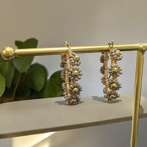 Silver Floral Shape Hoop Flower Earrings - Picture 3 of 3